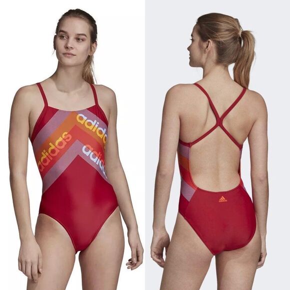 Adidas Women 34 Swimsuit Bathing Suit Red One Piece Fitness Arrow Fit DY5890 NEW - Picture 2 of 8